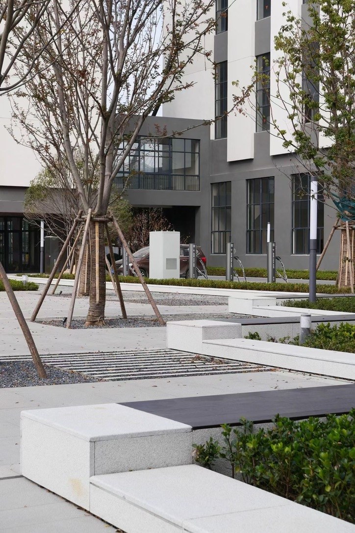 Outdoor garden and building detail at the new MEGEE campus